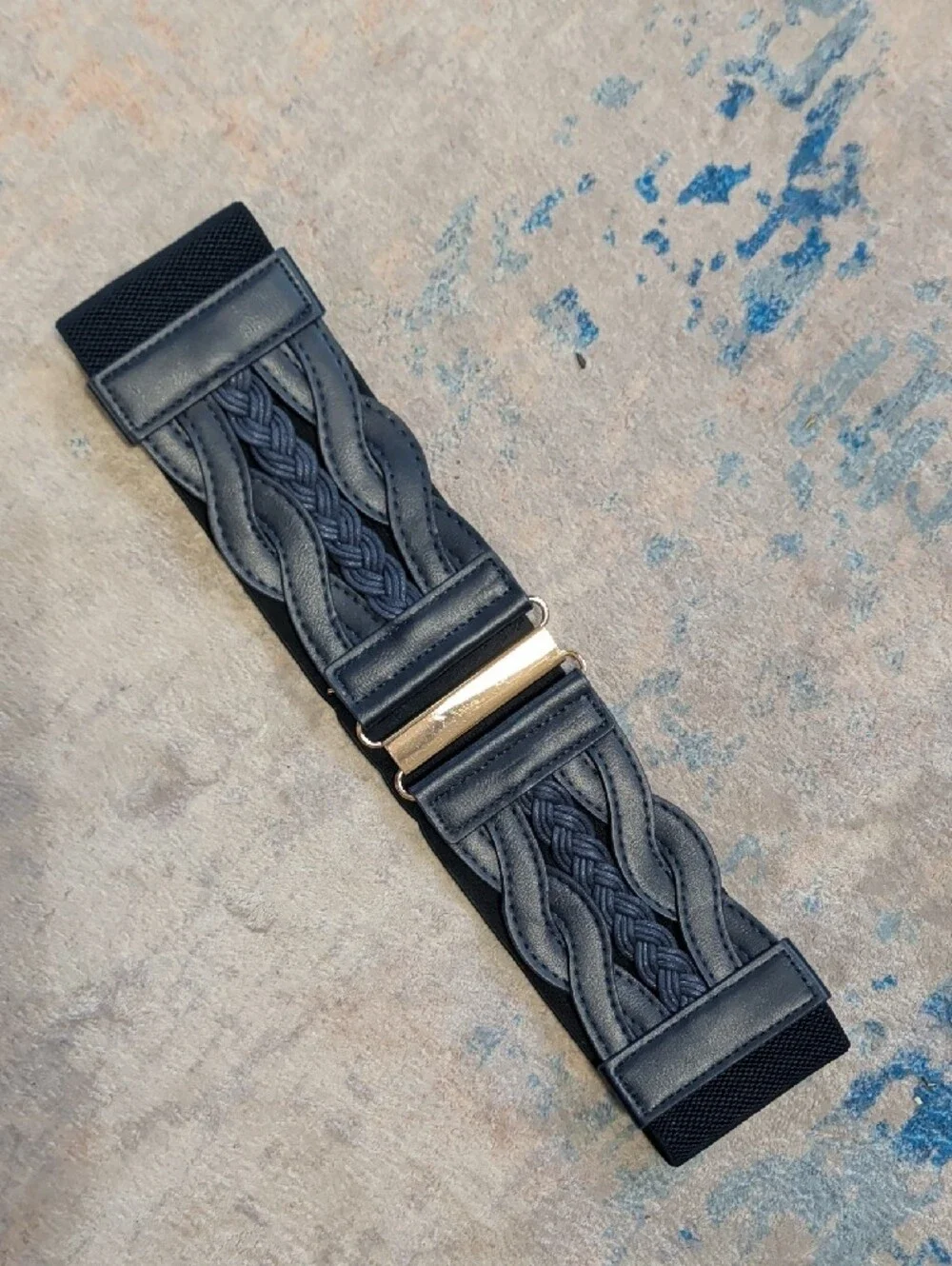 Navy Blue Elastic Braided Leather Wide Cinch Belt W/ Gold Accents 28